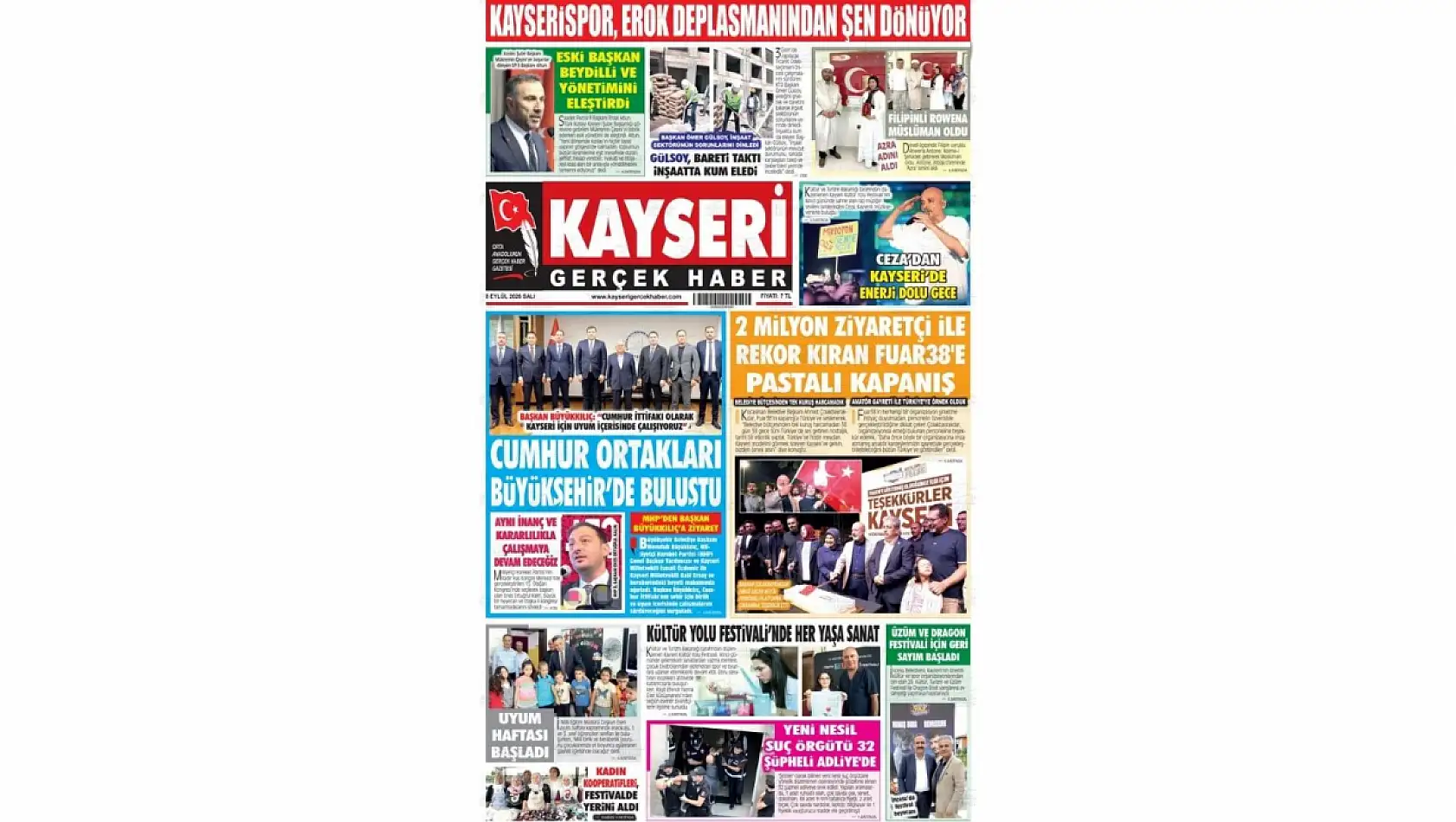 Kayseri yerel gazeteleri 8 Eylül sabahına hangi manşetlerle çıktı?