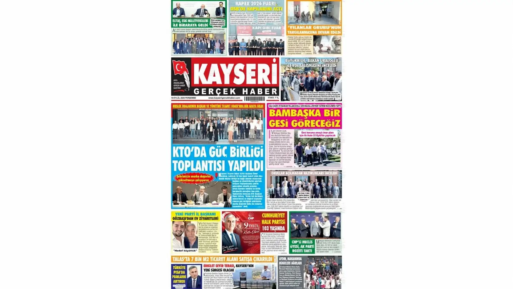 Kayseri yerel gazeteleri 10 Eylül sabahına hangi manşetlerle çıktı?