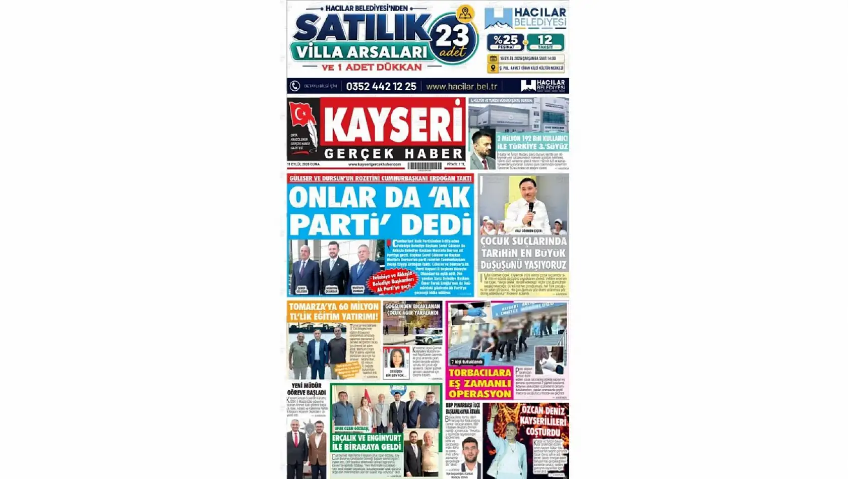 Kayseri yerel gazeteleri 11 Eylül sabahına hangi manşetlerle çıktı?