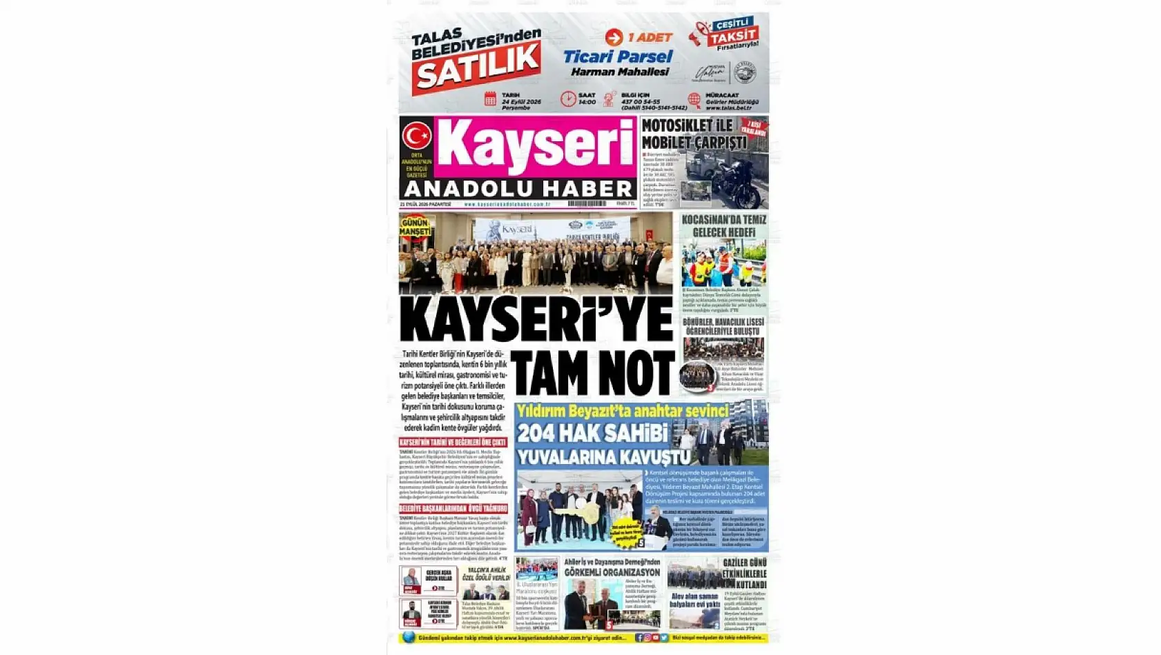 Kayseri'nin resmi gazeteleri güne hangi manşetle çıktı? 21 Eylül 2026