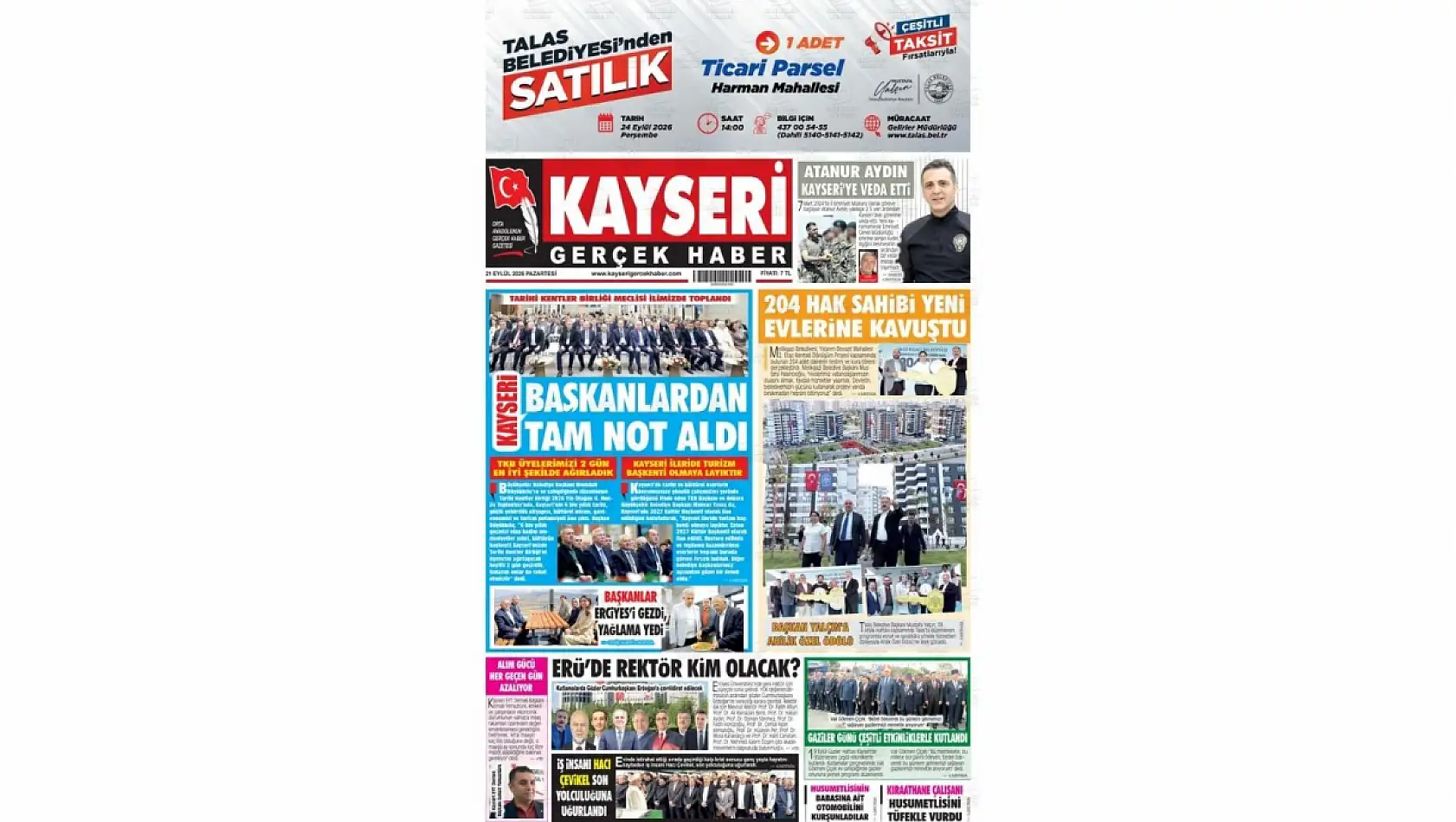 Kayseri'nin resmi gazeteleri güne hangi manşetle çıktı? 21 Eylül 2026