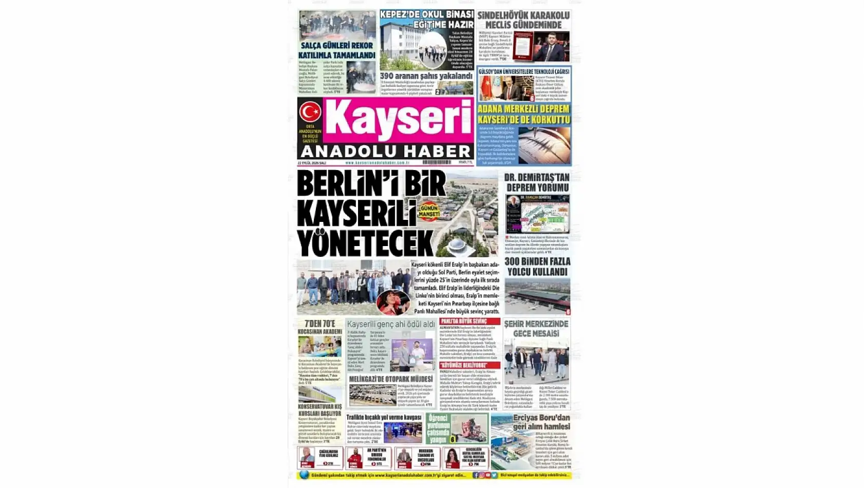 Kayseri yerel gazeteleri 22 Eylül sabahına hangi manşetlerle çıktı?