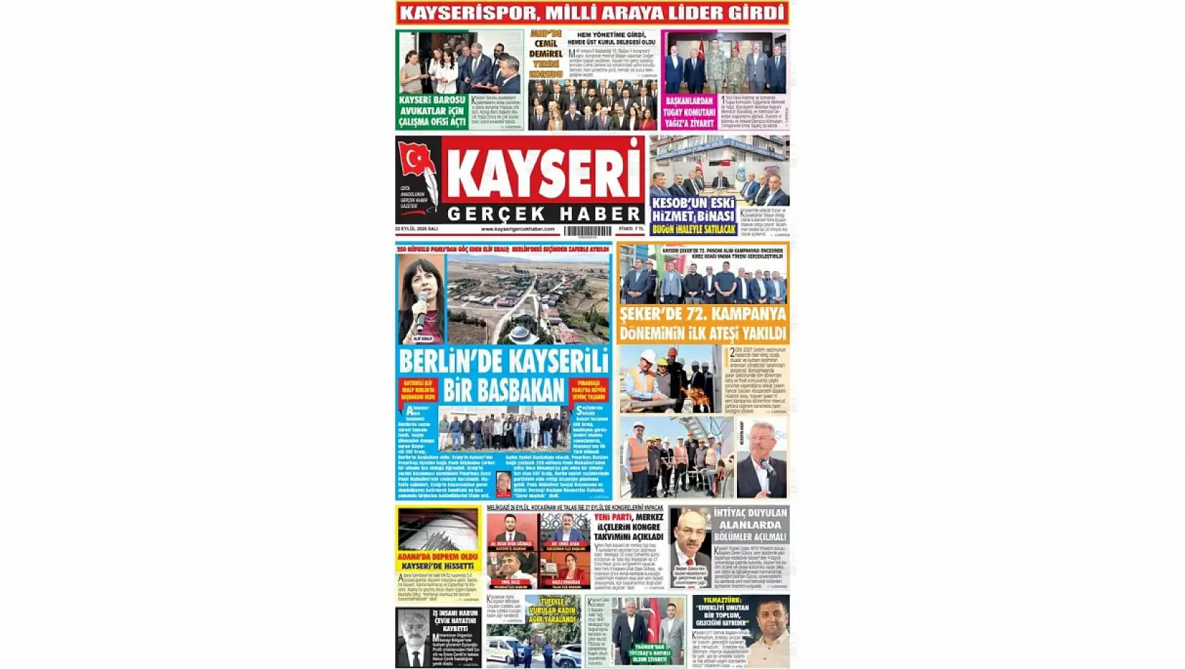 Kayseri yerel gazeteleri 22 Eylül sabahına hangi manşetlerle çıktı?