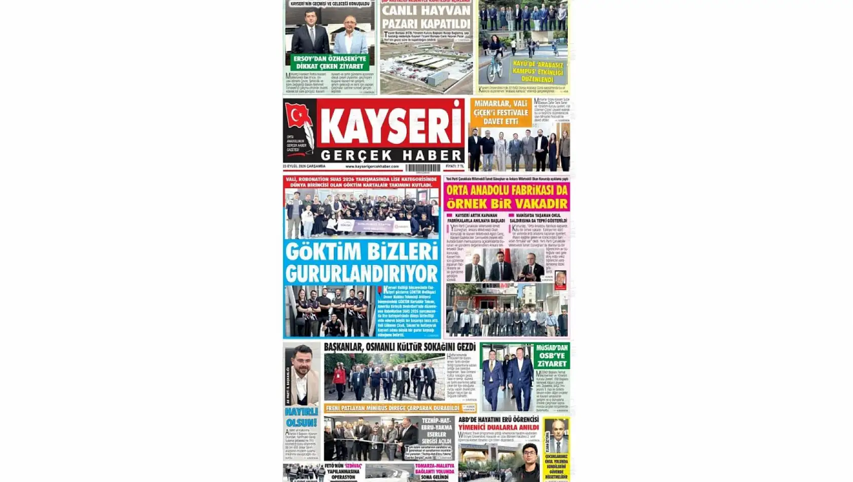 Kayseri yerel gazetelerinden dikkat çeken manşet haberleri: Şap alarmı, GÖKTİM....
