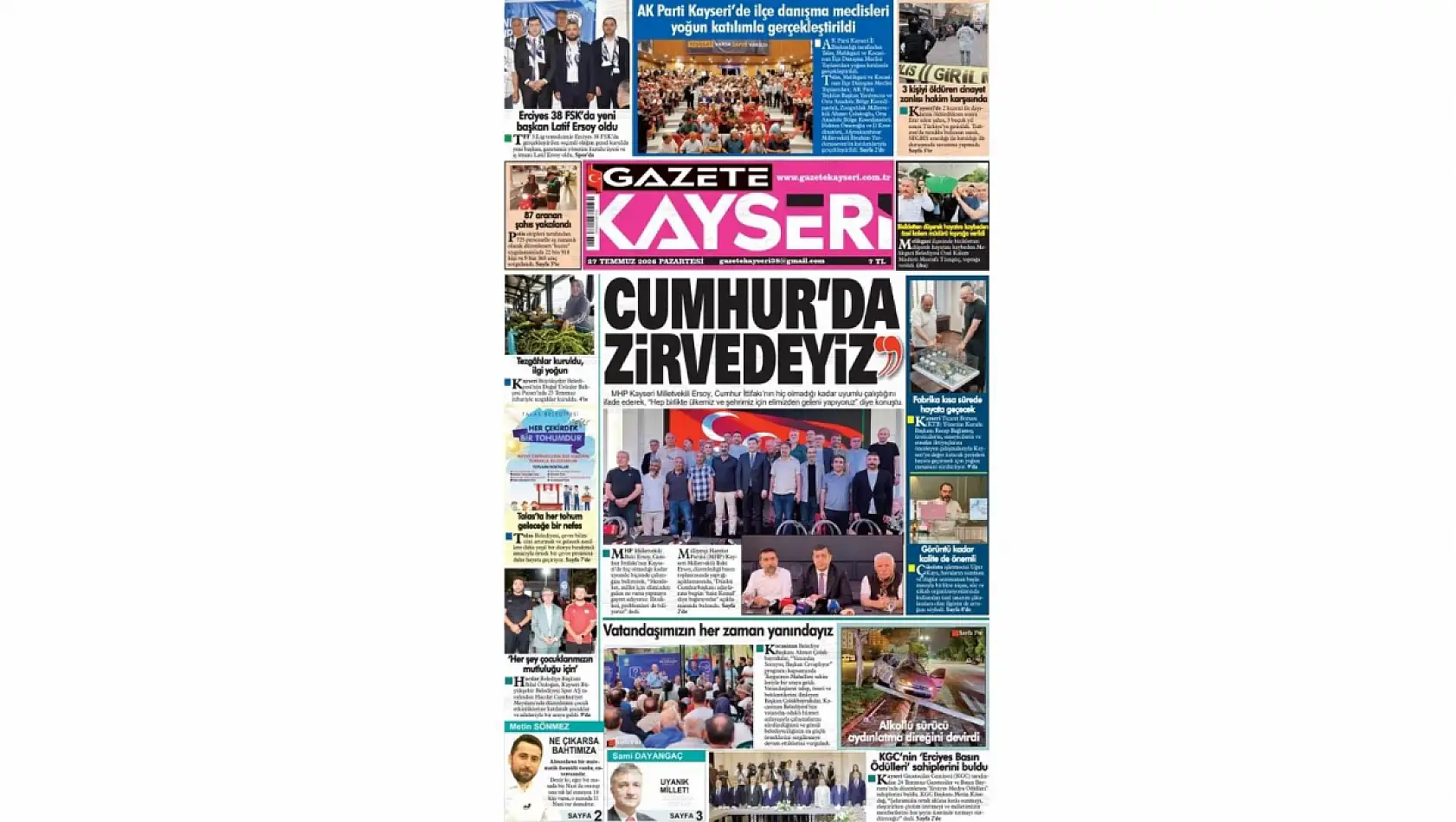 Kayseri yerel gazeteleri 27 Temmuz sabahına hangi manşetlerle çıktı?