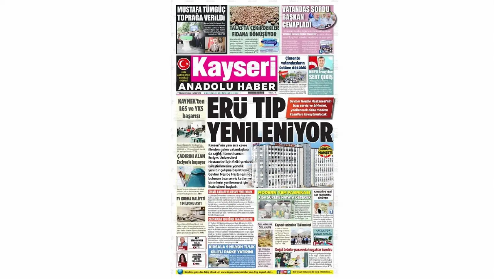Kayseri yerel gazeteleri 27 Temmuz sabahına hangi manşetlerle çıktı?