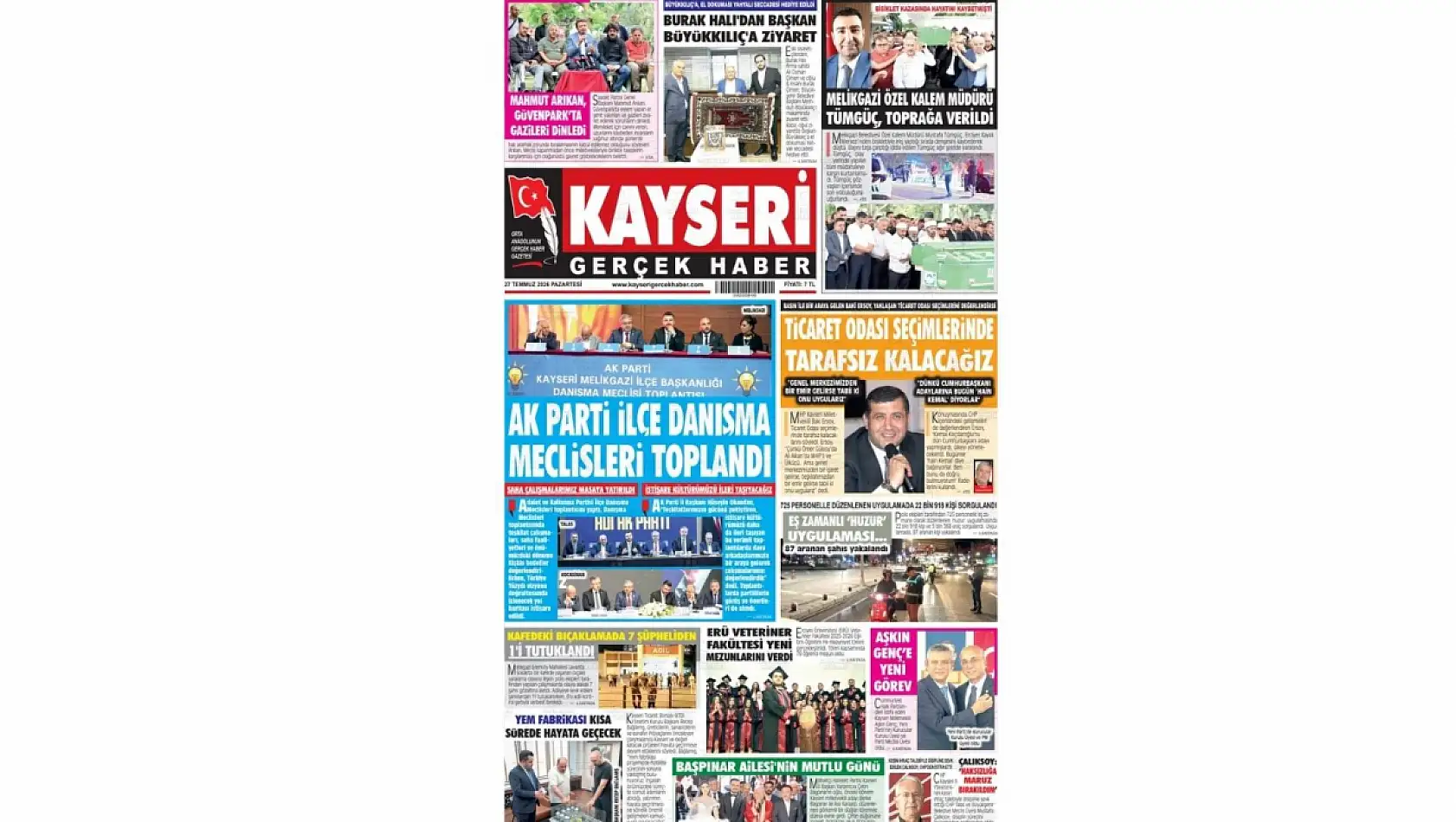 Kayseri yerel gazeteleri 27 Temmuz sabahına hangi manşetlerle çıktı?