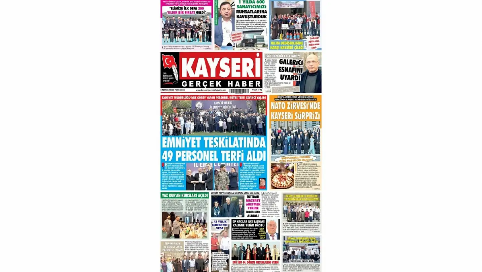 Kayseri yerel gazeteleri 9 Temmuz sabahına hangi manşetlerle çıktı?