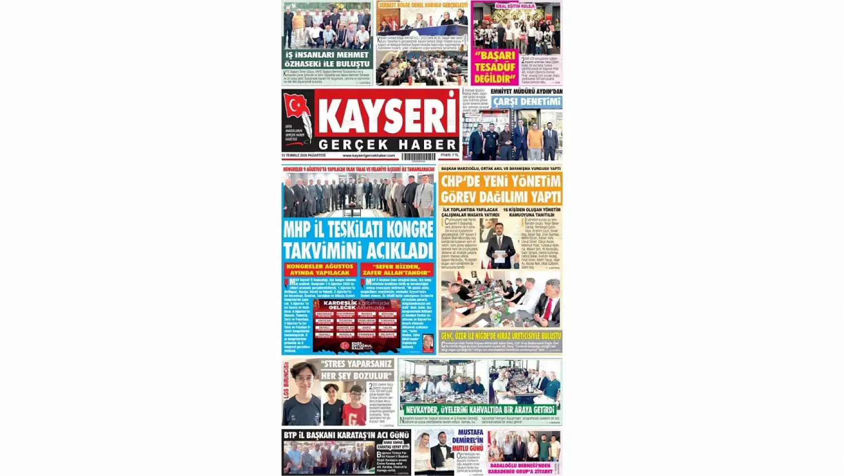 Kayseri yerel gazeteleri 13 Temmuz sabahına hangi manşetlerle çıktı?