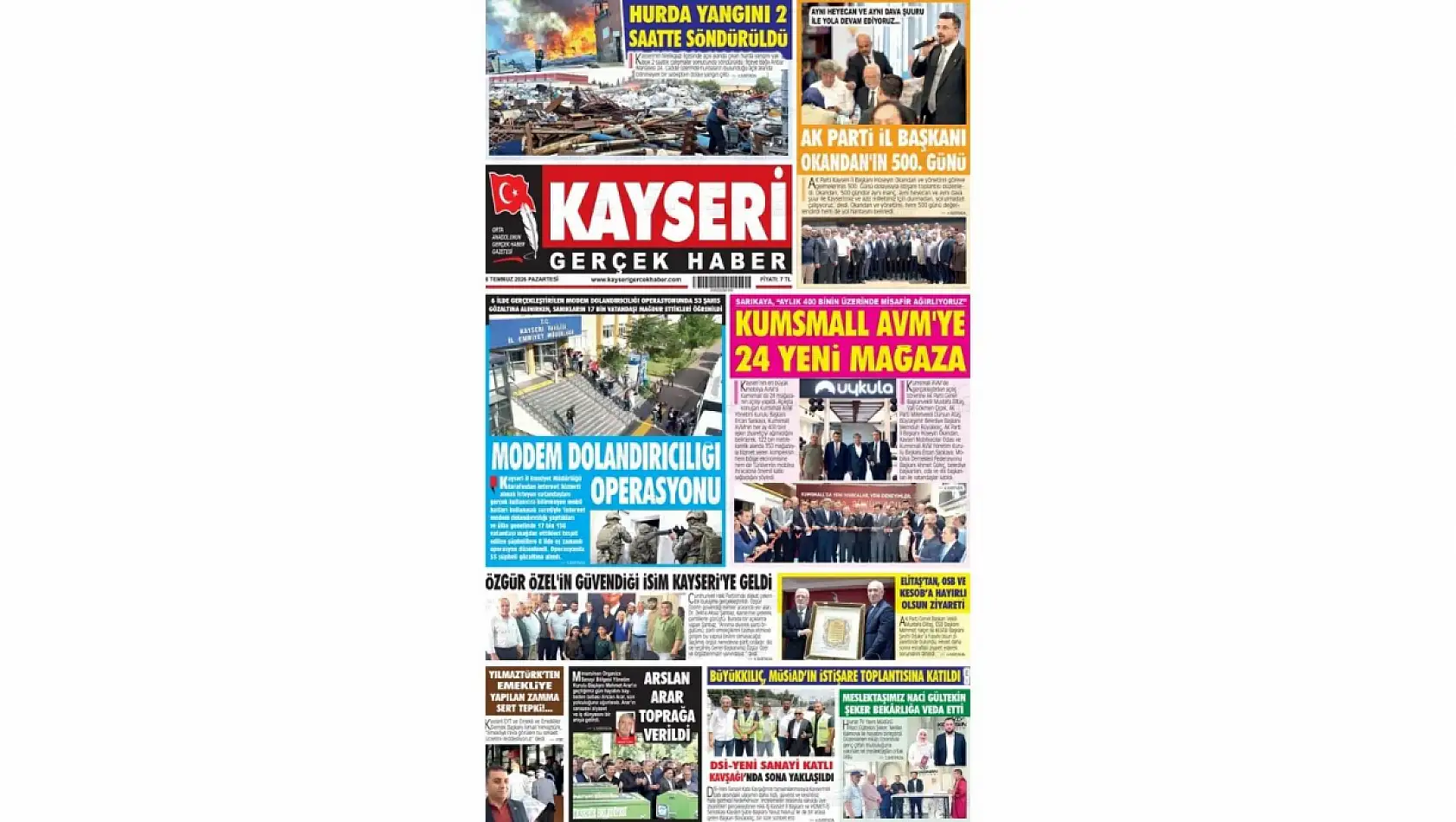 Kayseri yerel gazetelerinden öne çıkan manşetler! (6 Temmuz 2026)