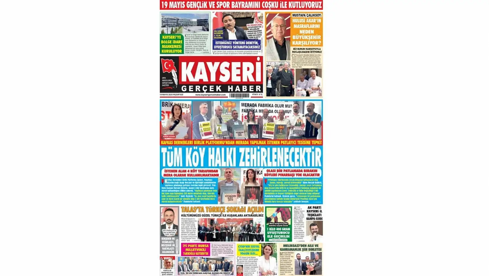 Kayseri Gazeteleri'nde 19 Mayıs Pazartesi günü manşet tek: Pınarbaşı!