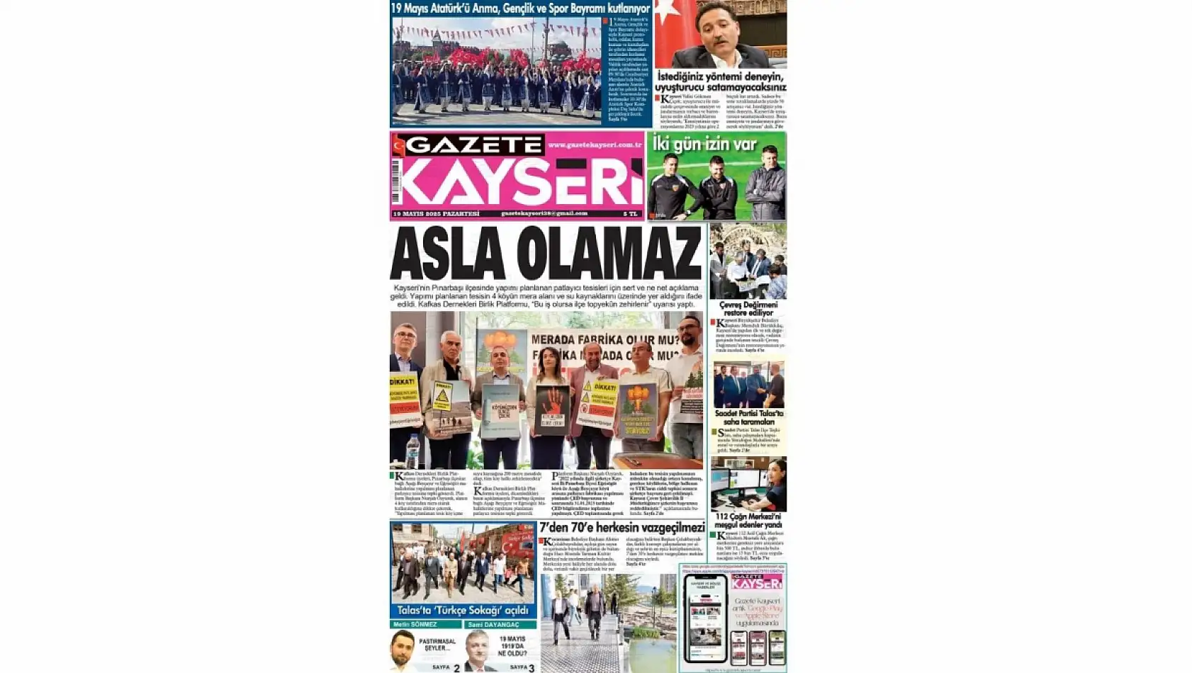 Kayseri Gazeteleri'nde 19 Mayıs Pazartesi günü manşet tek: Pınarbaşı!