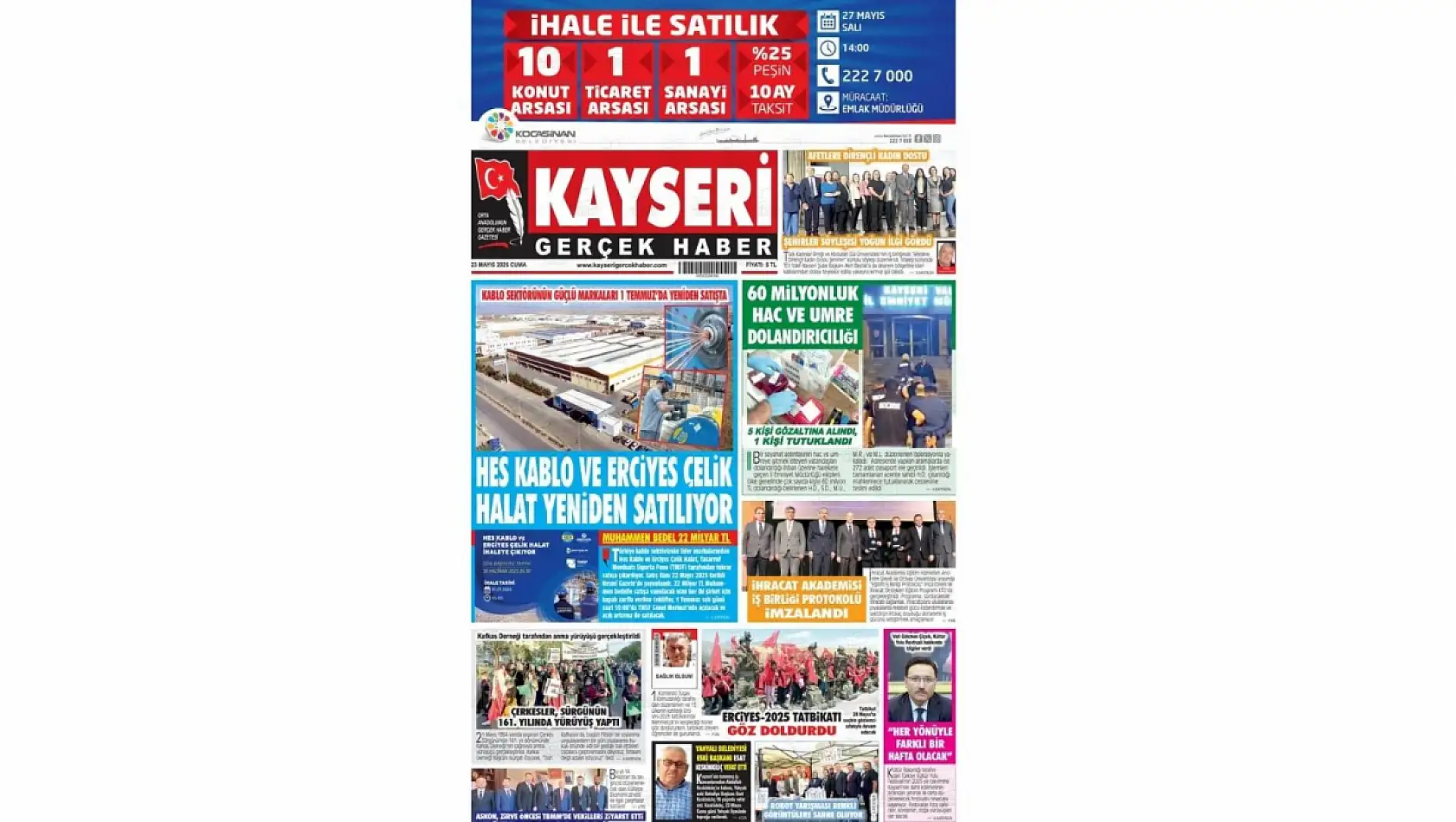 Kayseri Gazetelerinde 23 Mayıs Cuma gündemi – HES Kablo, Erciyes 2025 tatbikatı…