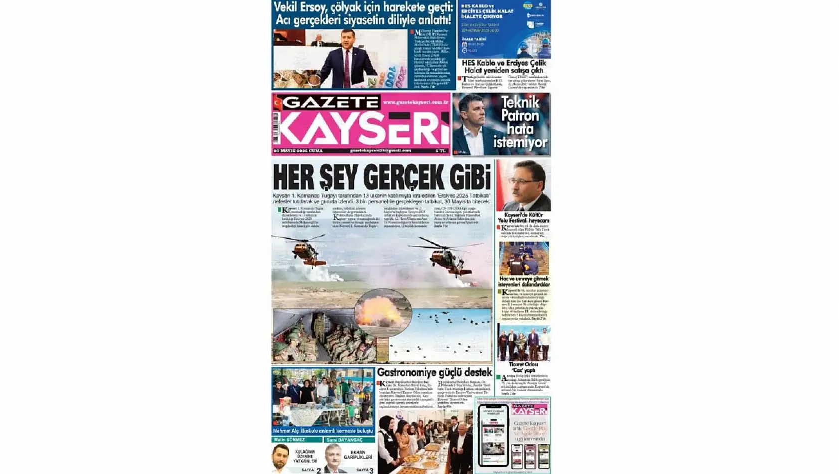 Kayseri Gazetelerinde 23 Mayıs Cuma gündemi – HES Kablo, Erciyes 2025 tatbikatı…