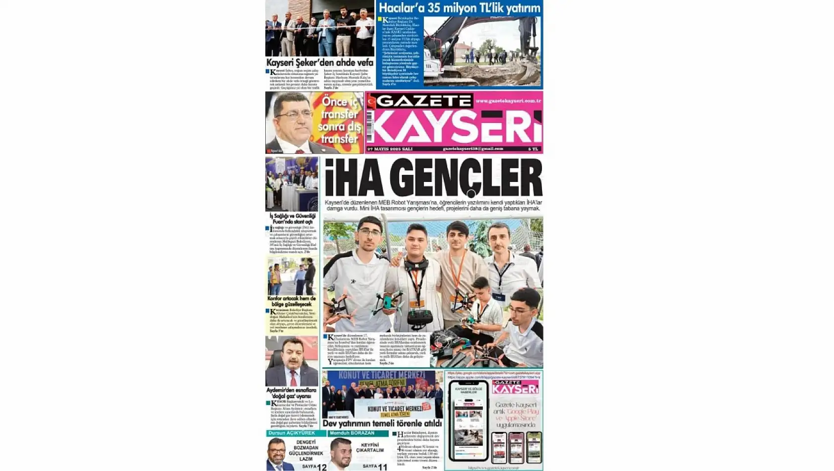 Kayseri Gazetelerinde 27 Mayıs Salı gündemi –  Deprem desteği, Bakan Işıkhan, Öğrenciler…