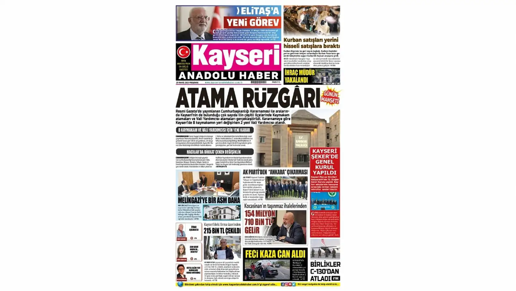 Kayseri Gazetelerinde 29 Mayıs Perşembe gündemi –  Kayseri Şeker ve Atamalar…