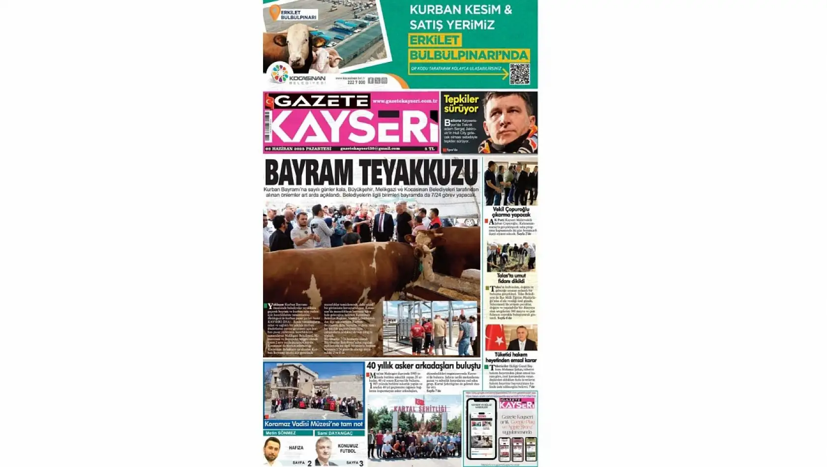 Kayseri Gazetelerinde 2 Haziran Pazartesi gündemi – Gittiğin Kadar Öde, Kurban Bayramı, AK Parti...