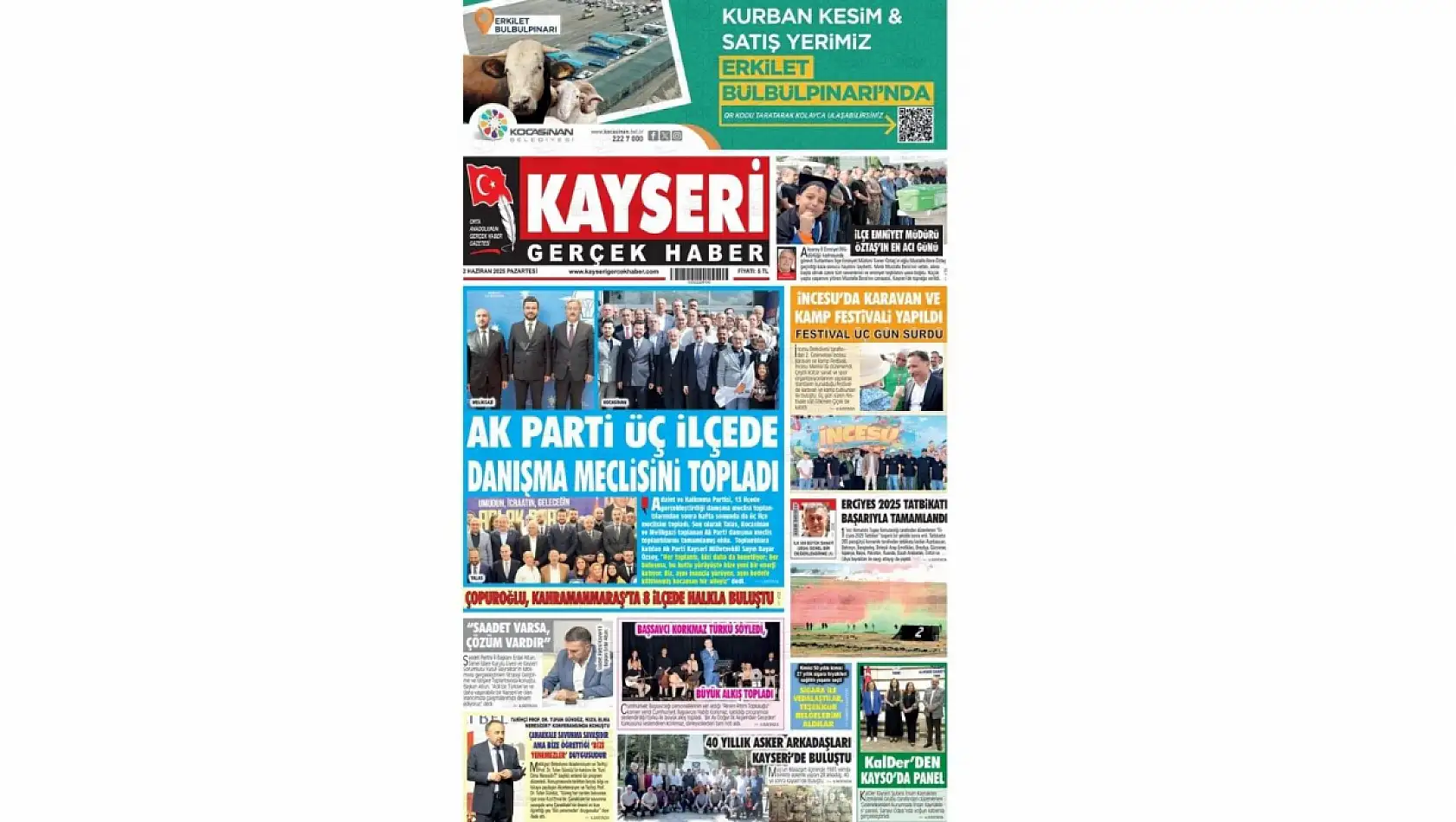 Kayseri Gazetelerinde 2 Haziran Pazartesi gündemi – Gittiğin Kadar Öde, Kurban Bayramı, AK Parti...