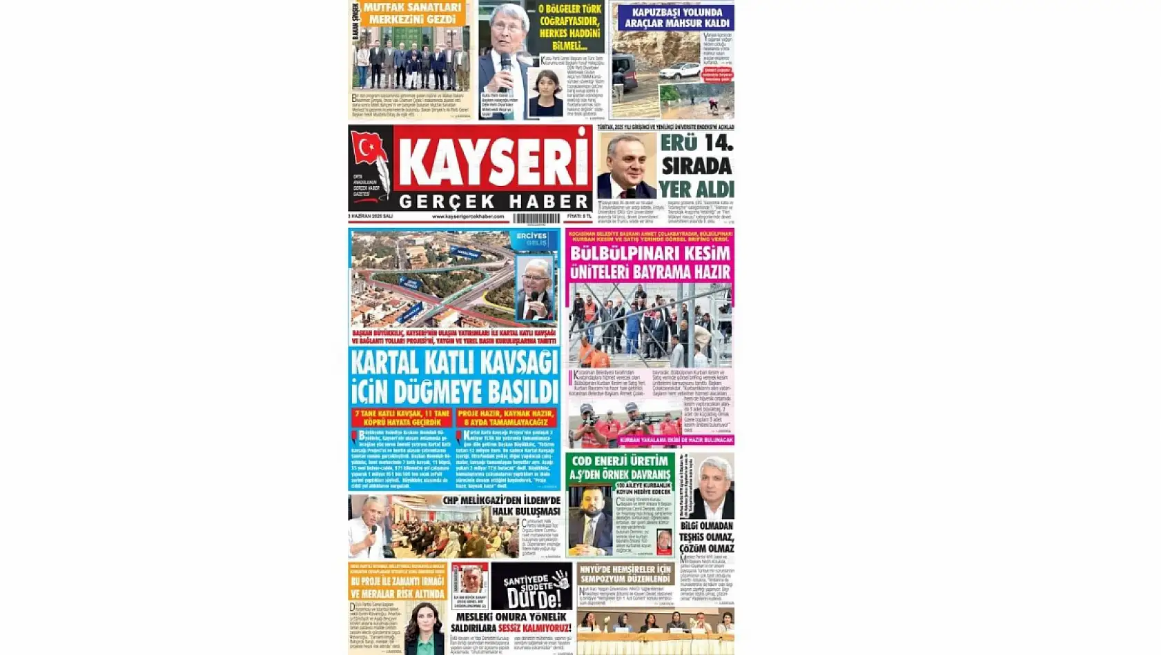 Kayseri Gazeteleri'nde 3 Haziran Salı günü manşet tek: Kartal Kavşağı!