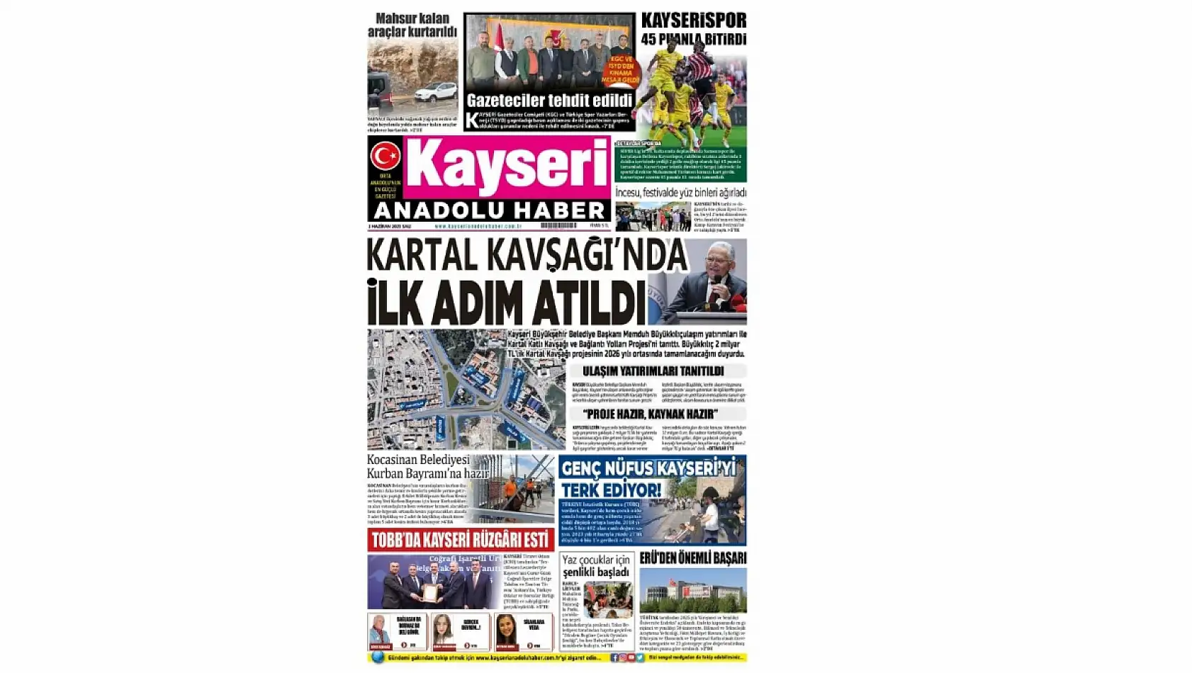Kayseri Gazeteleri'nde 3 Haziran Salı günü manşet tek: Kartal Kavşağı!
