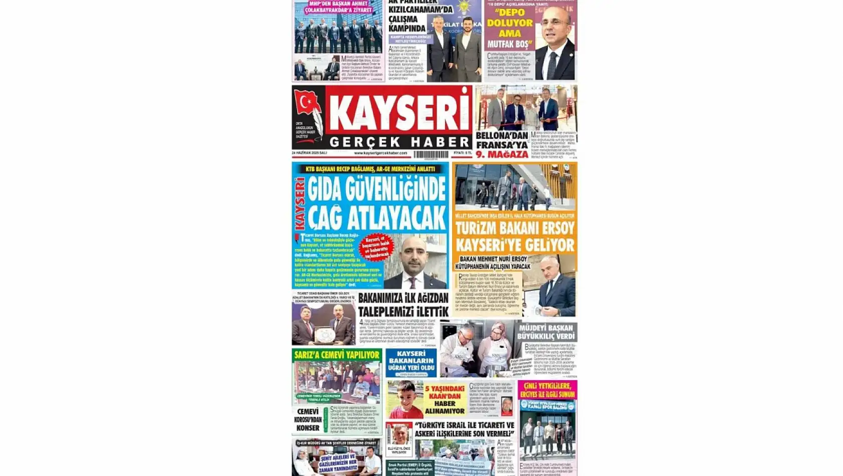 Kayseri Gazetelerinde 24 Haziran Salı gündemi –  Erciyes ve AR-GE Merkezi…