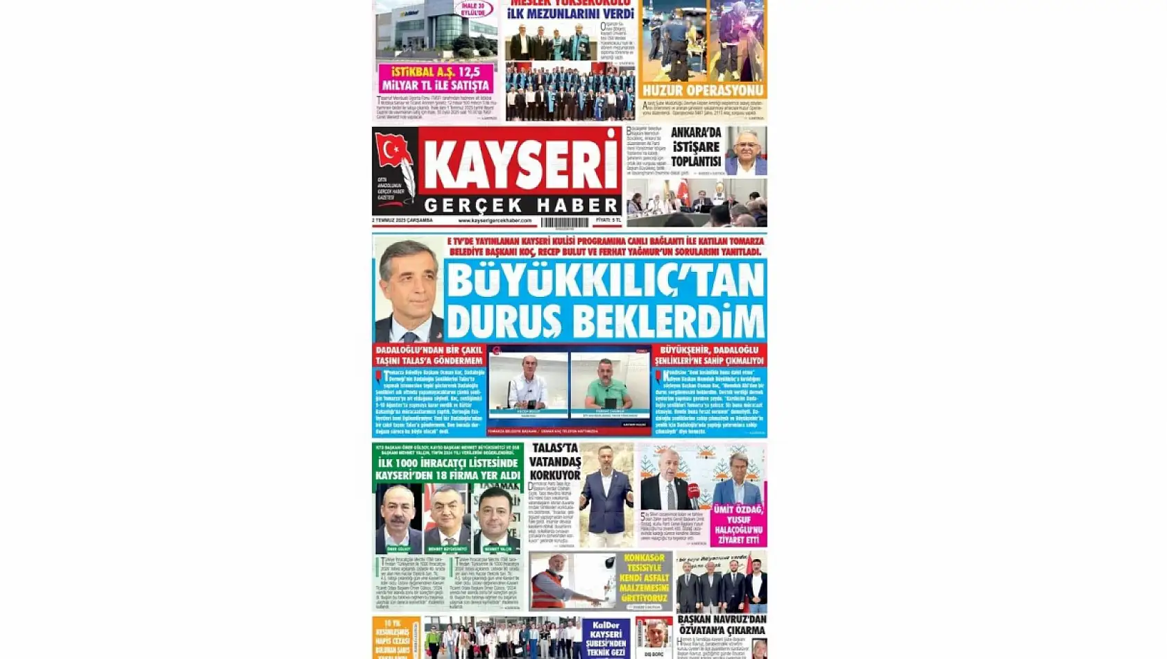 Kayseri Gazetelerinde 2 Temmuz Çarşamba gündemi –  Şap Hastalığı, Kayserispor, 18 firma, Dadaloğlu Şenlikleri…