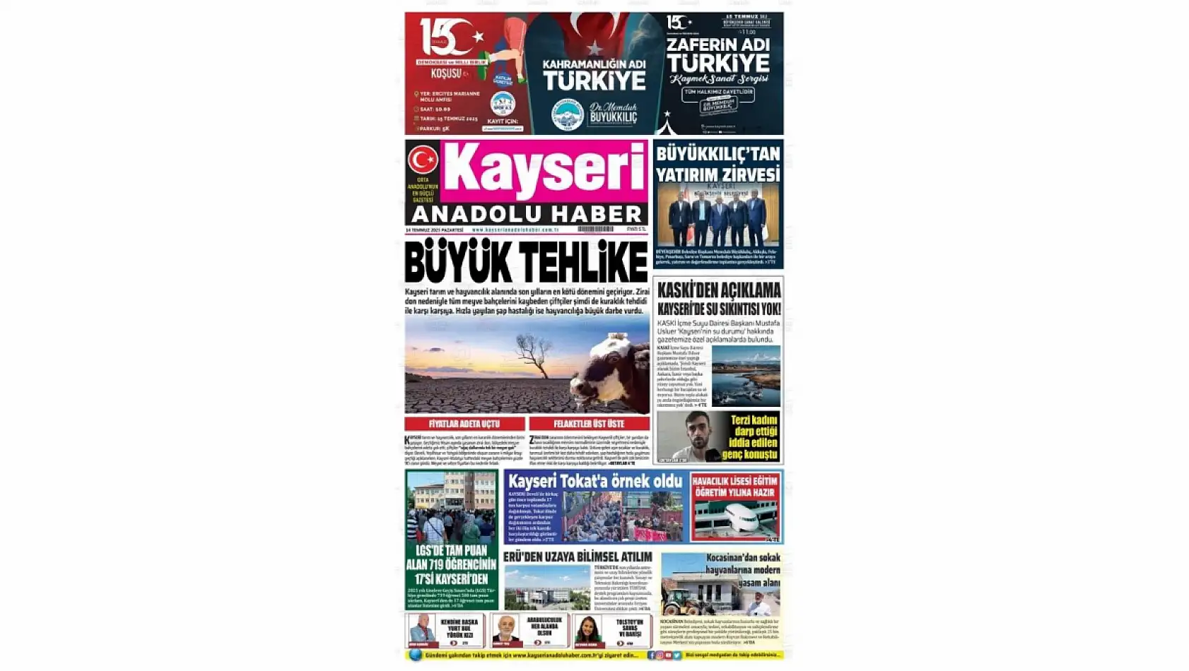 Kayseri gazeteleri 14 Temmuz Pazartesi gündemi – İşte öne çıkan manşetler!