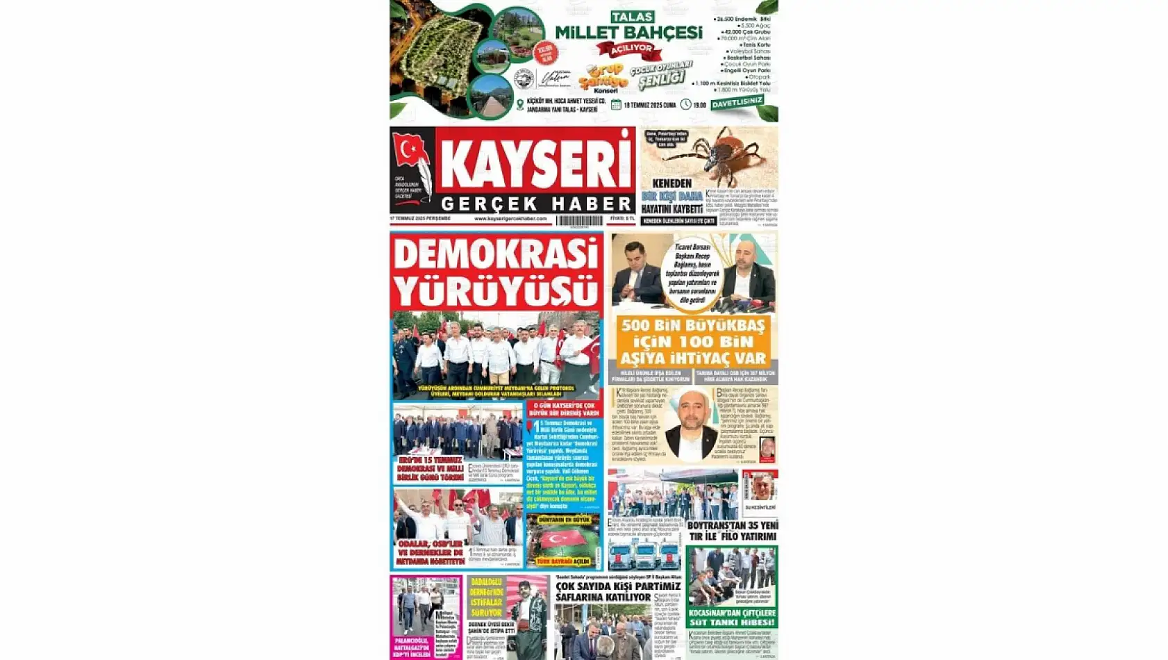 Kayseri gazeteleri 17 Temmuz Perşembe gündemi – İşte öne çıkan manşetler!