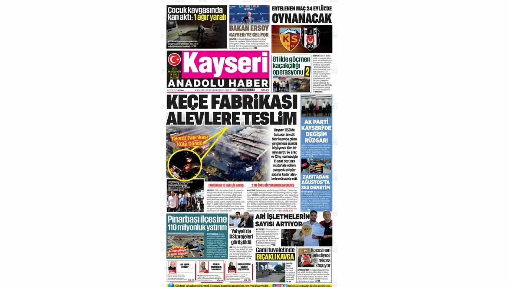 Kayseri Gazetelerinde 5 Eylül Cuma gündemi – Fabrika yangını ve Şaban Çopuroğlu...