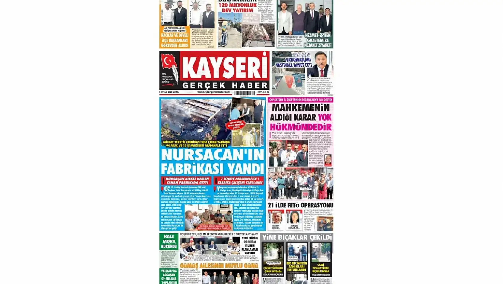 Kayseri Gazetelerinde 5 Eylül Cuma gündemi – Fabrika yangını ve Şaban Çopuroğlu...