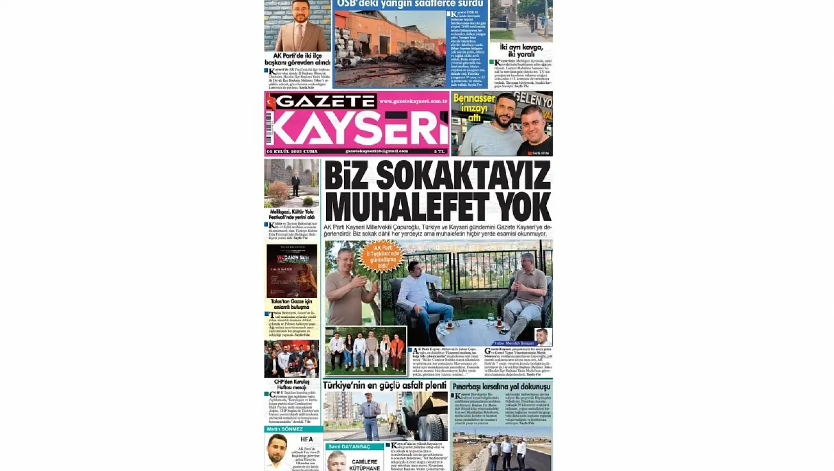 Kayseri Gazetelerinde 5 Eylül Cuma gündemi – Fabrika yangını ve Şaban Çopuroğlu...