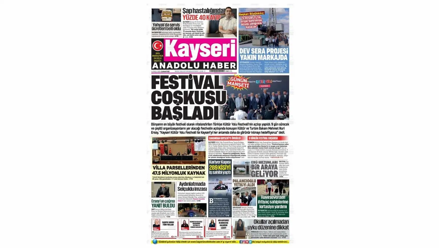 Kayseri Gazetelerinde 6 Eylül Cumartesi günü manşet tek: Kültür yolu Festivali!