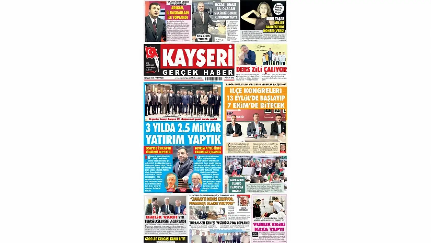 Kayseri Gazetelerinde 8 Eylül Pazartesi gündemi – CHP ve Kayseri OSB...