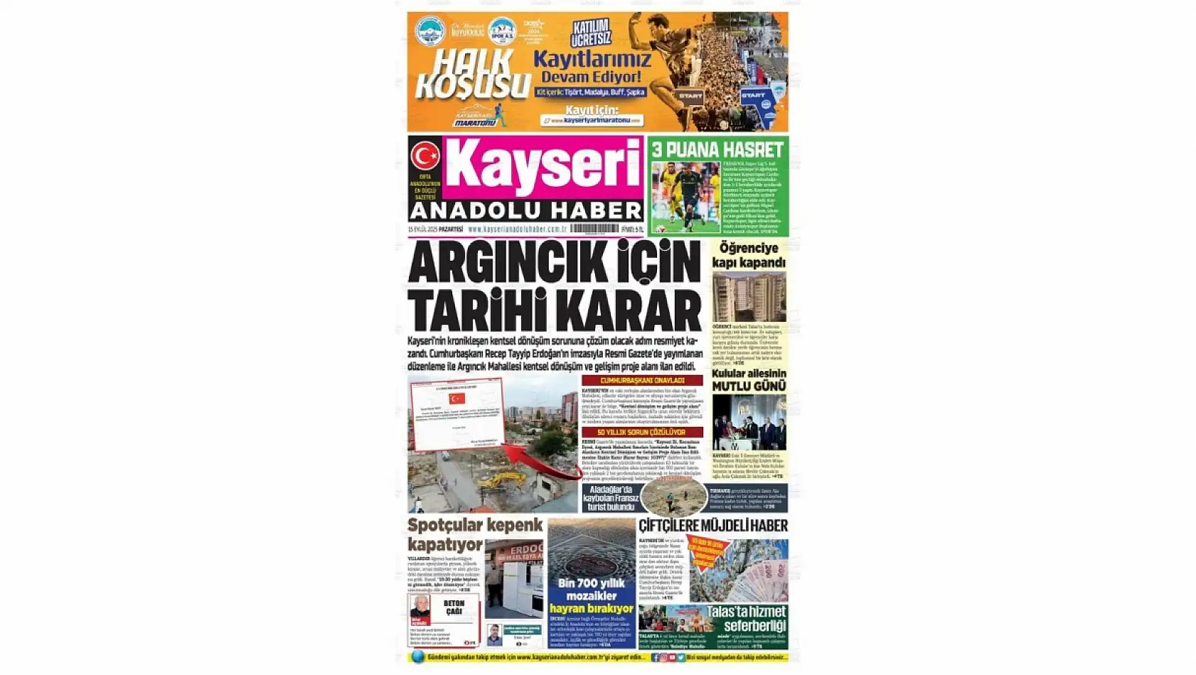 Kayseri Gazetelerinde 15 Eylül Pazartesi gündemi – Çiftçiler ve Argıncık...