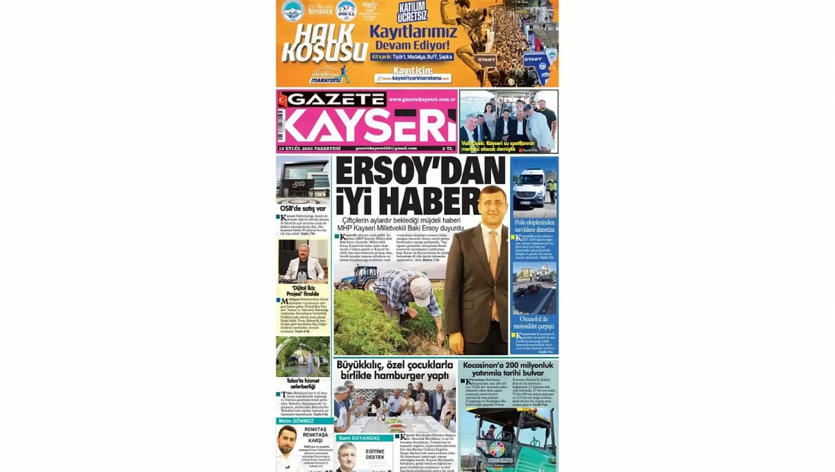 Kayseri Gazetelerinde 15 Eylül Pazartesi gündemi – Çiftçiler ve Argıncık...