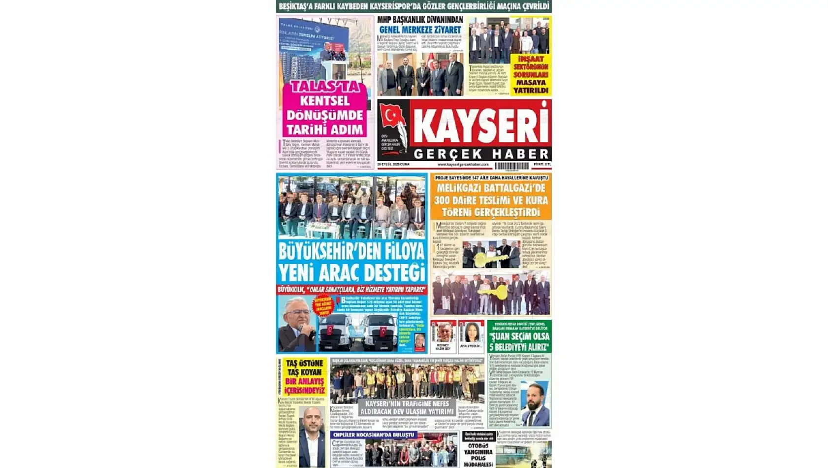 Kayseri Gazetelerinde 26 Eylül Cuma günü manşet tek: Kentsel Dönüşüm!