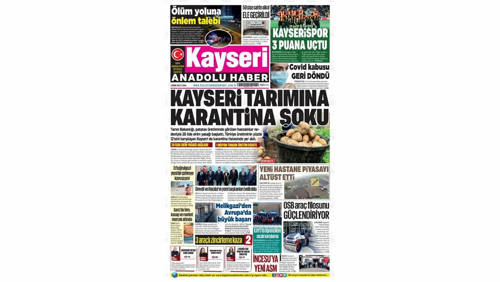 Kayseri gazetelerinde 3 Ekim'de hangi başlıklar gündem oldu?
