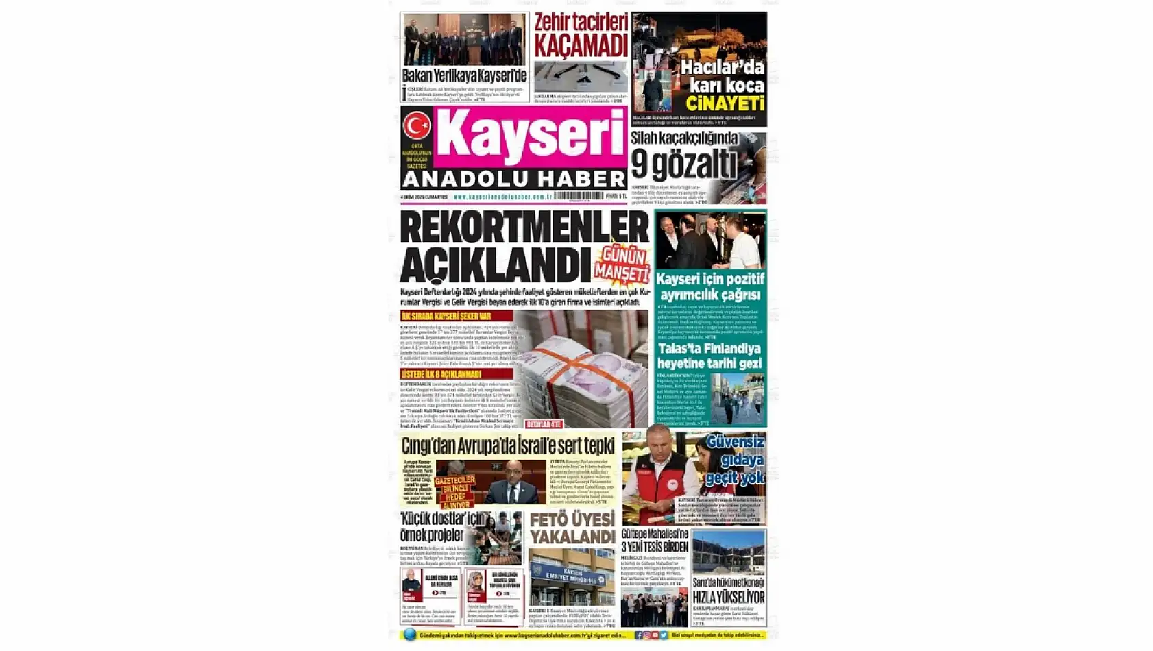Kayseri Gazetelerinde 4 Ekim Cumartesi gündemi – Cinayet ve Vergi rekortmenleri...