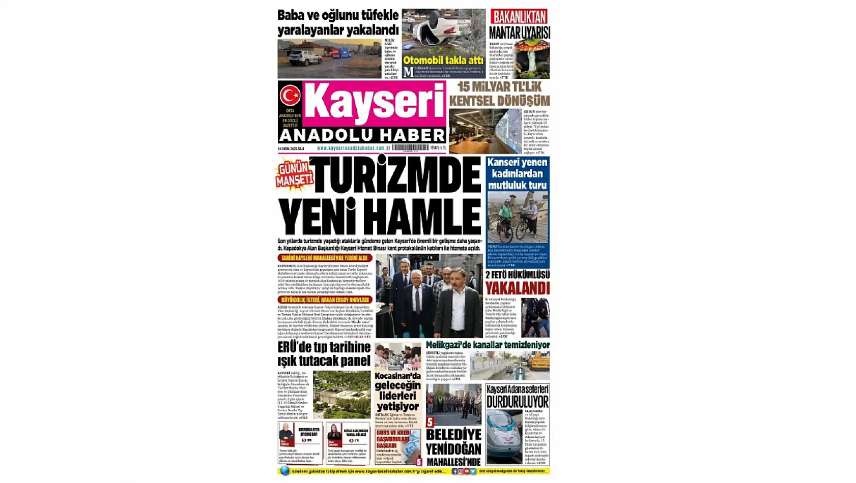 Kayseri gazetelerinde 14 Ekim'de hangi başlıklar gündem oldu?
