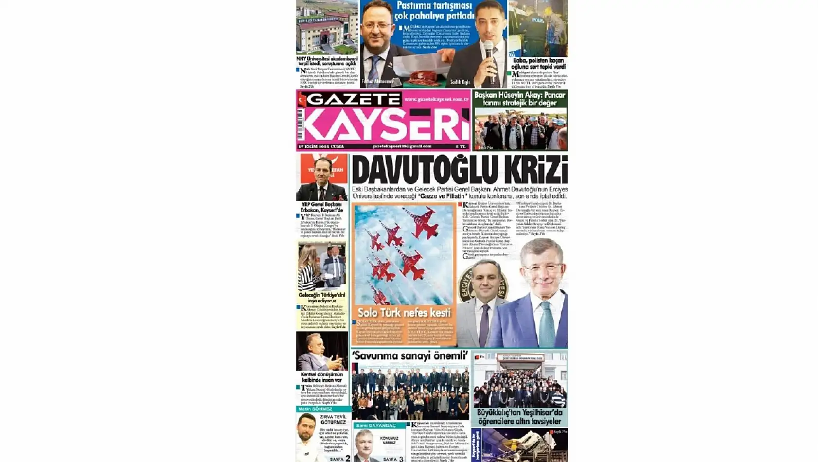 Kayseri gazeteleri 17 Ekim Cuma gündemi – İşte öne çıkan manşetler!