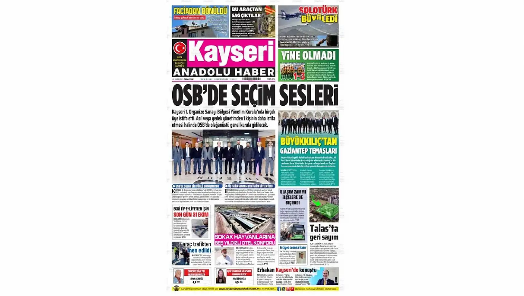 Kayseri gazetelerinde 20 Ekim'de hangi başlıklar gündem oldu?