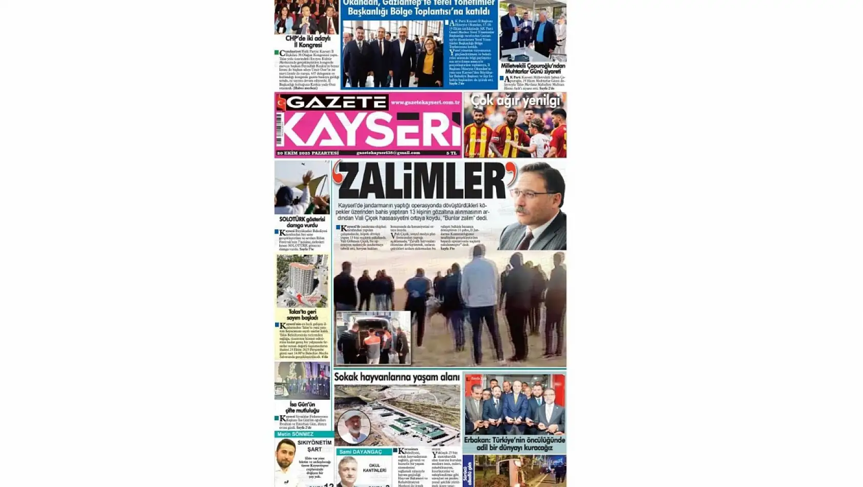 Kayseri gazetelerinde 20 Ekim'de hangi başlıklar gündem oldu?