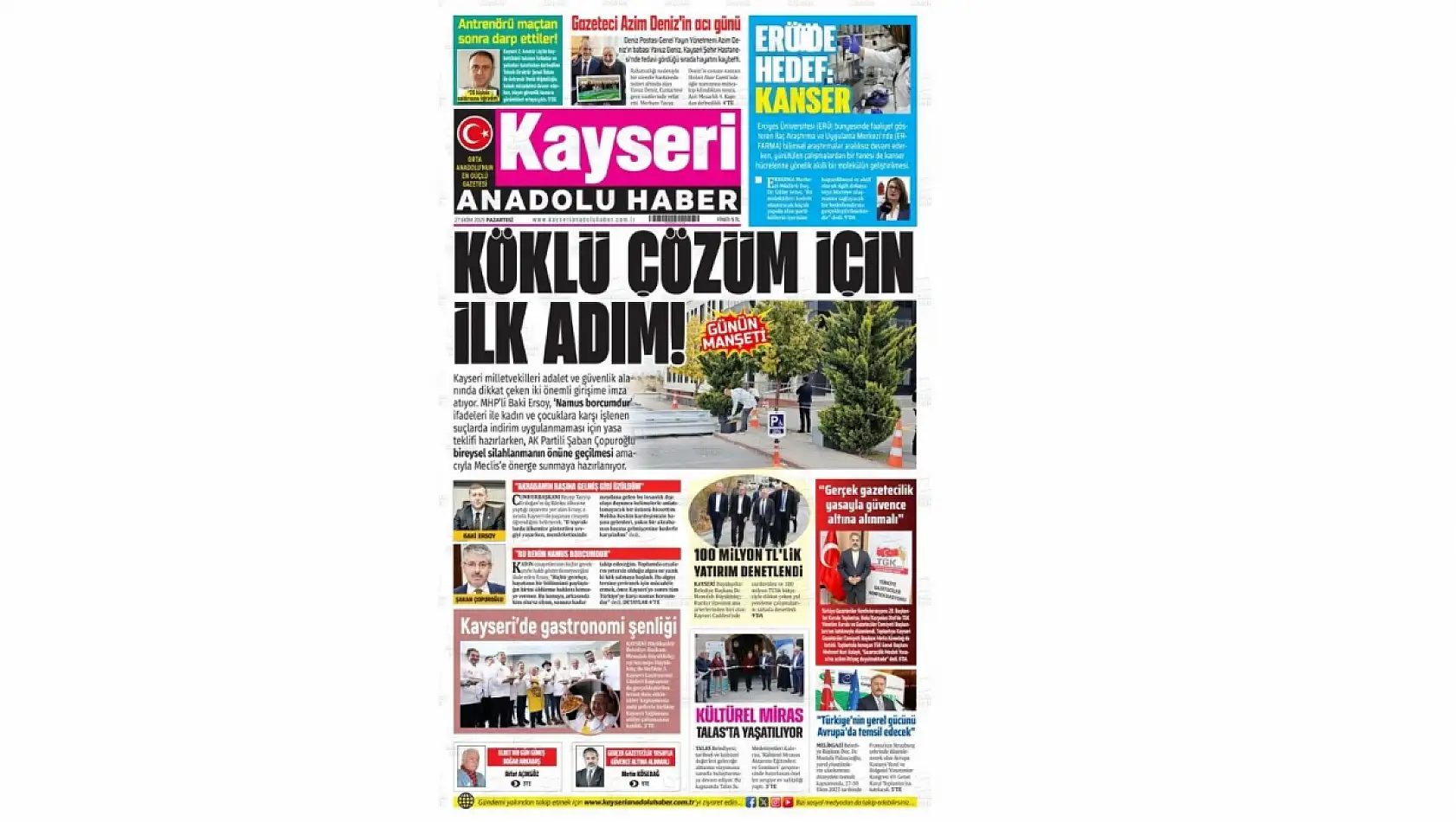 Kayseri Gazetelerinde 27 Ekim Pazartesi günü manşet tek: Kadın cinayeti!