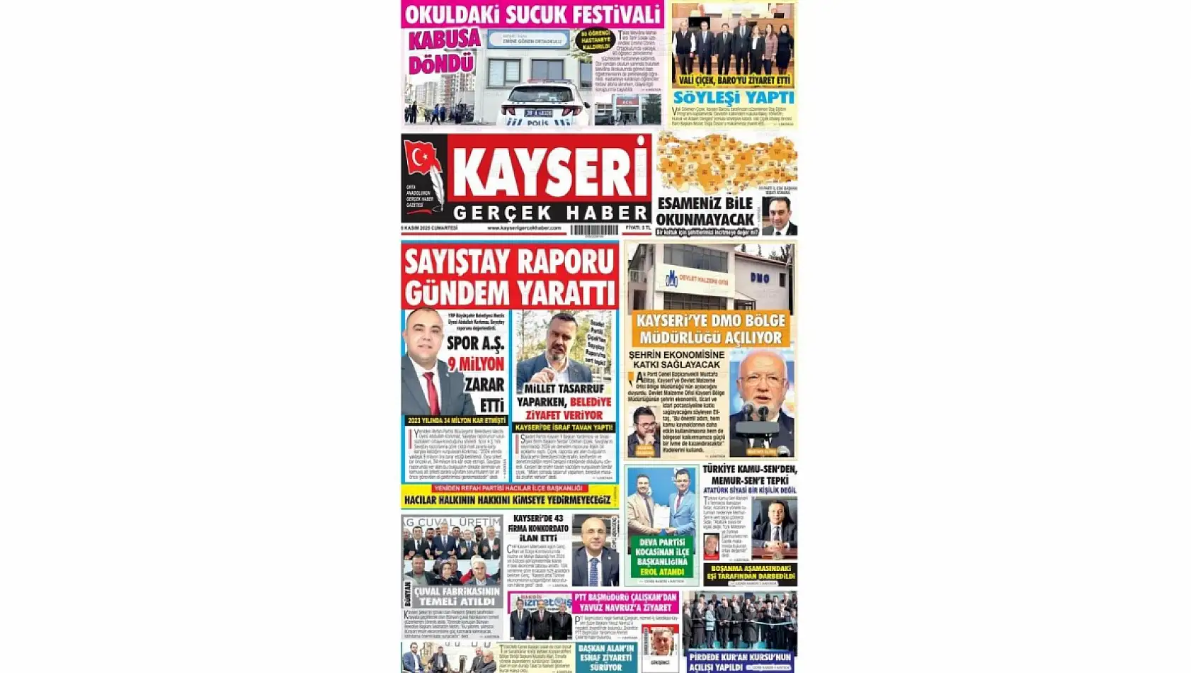 Kayseri Gazetelerinde 8 Kasım Cumartesi gündemi – Altın, Zehirlenme ve Sayıştay raporu...