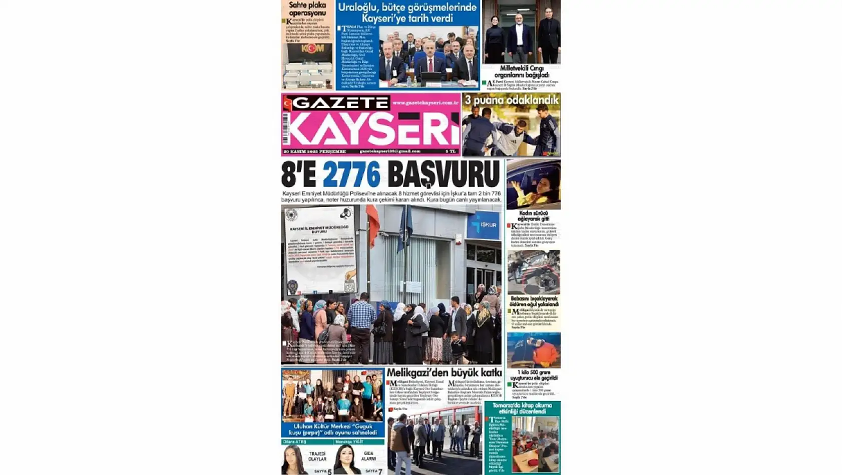 Kayseri'de yerel gazeteler 20 Kasım Perşembe sabahına hangi manşetlerle çıktı?