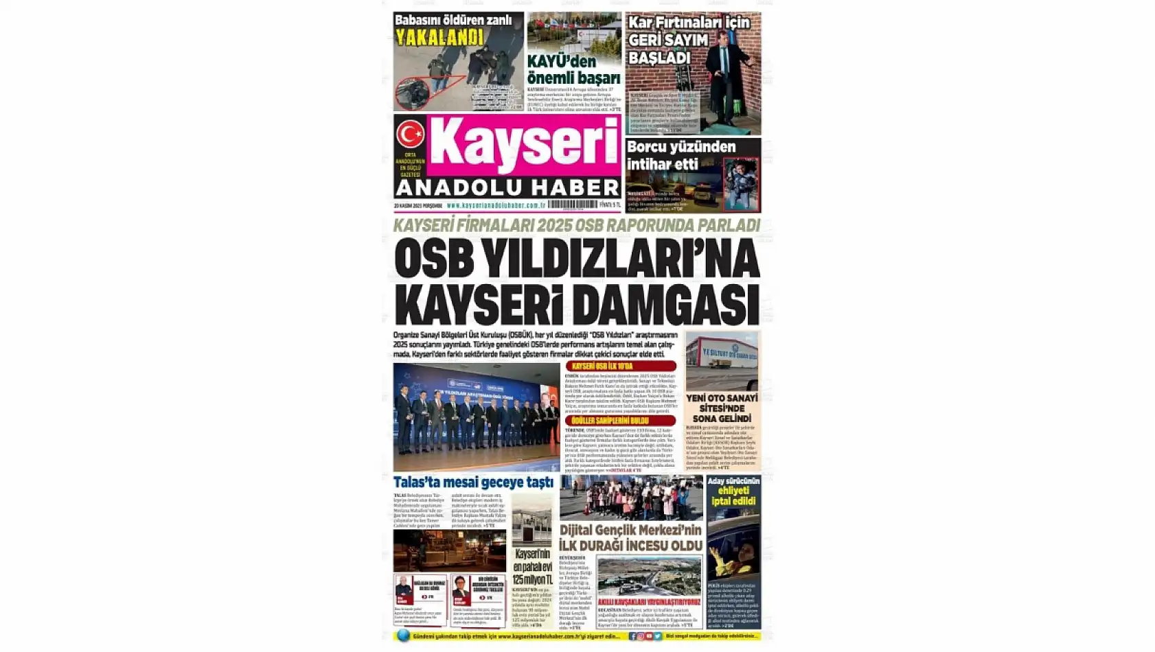Kayseri'de yerel gazeteler 20 Kasım Perşembe sabahına hangi manşetlerle çıktı?