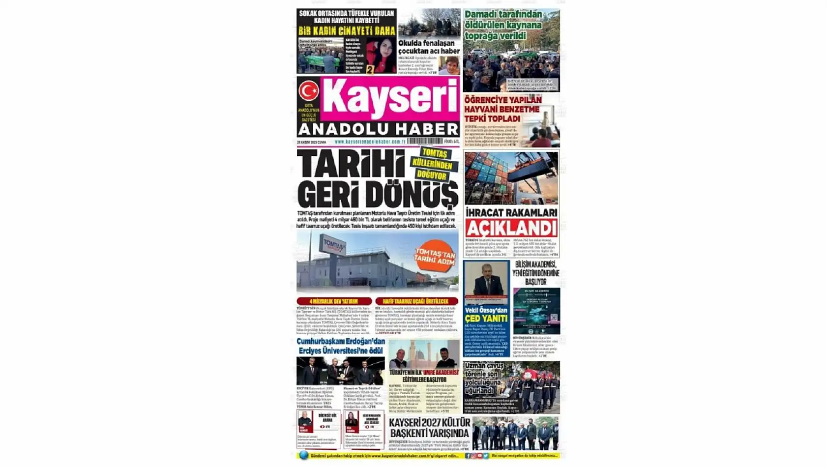 Kayseri gazetelerinde 28 Kasım'da hangi başlıklar gündem oldu?