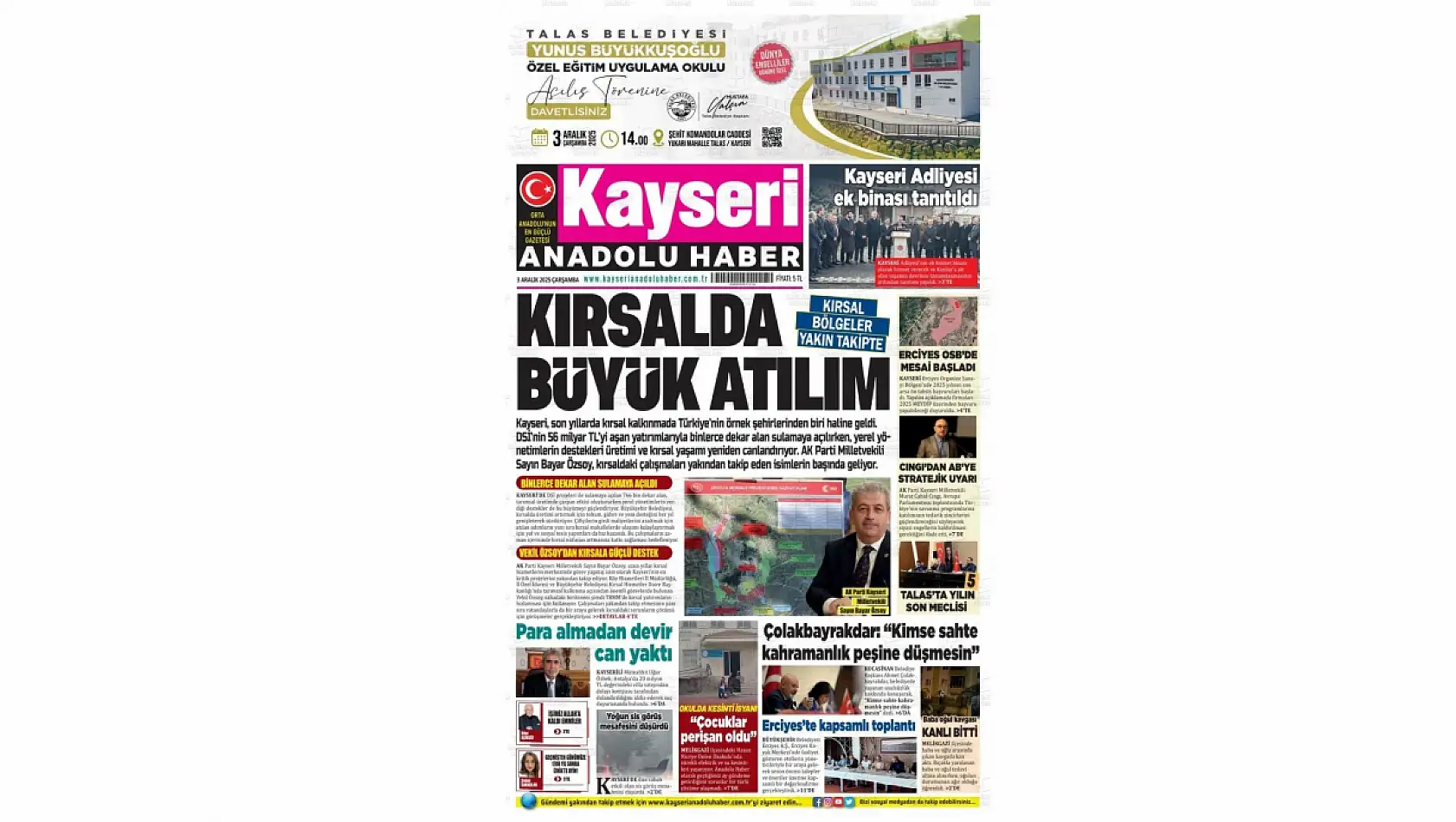 Kayseri gazetelerinde 3 Aralık manşeti ne oldu?  İşte öne çıkan başlıklar!