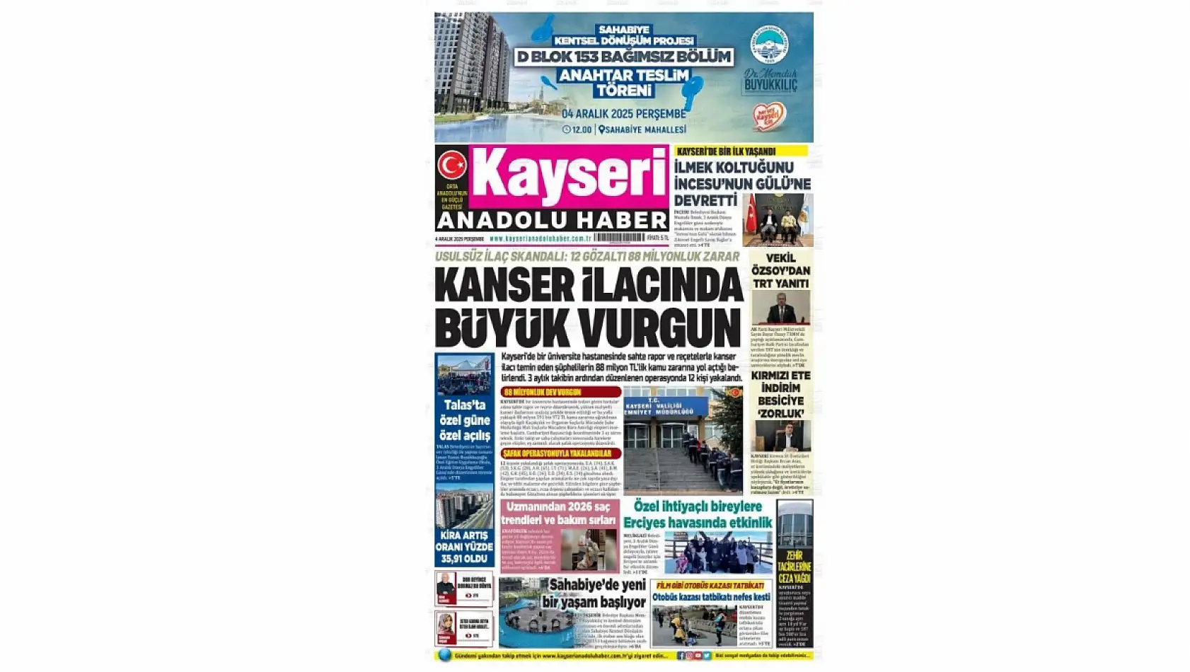 Kayseri Gazetelerinde 4 Aralık Perşembe gündemi – İlaç skandalı ve CHP Kayseri...