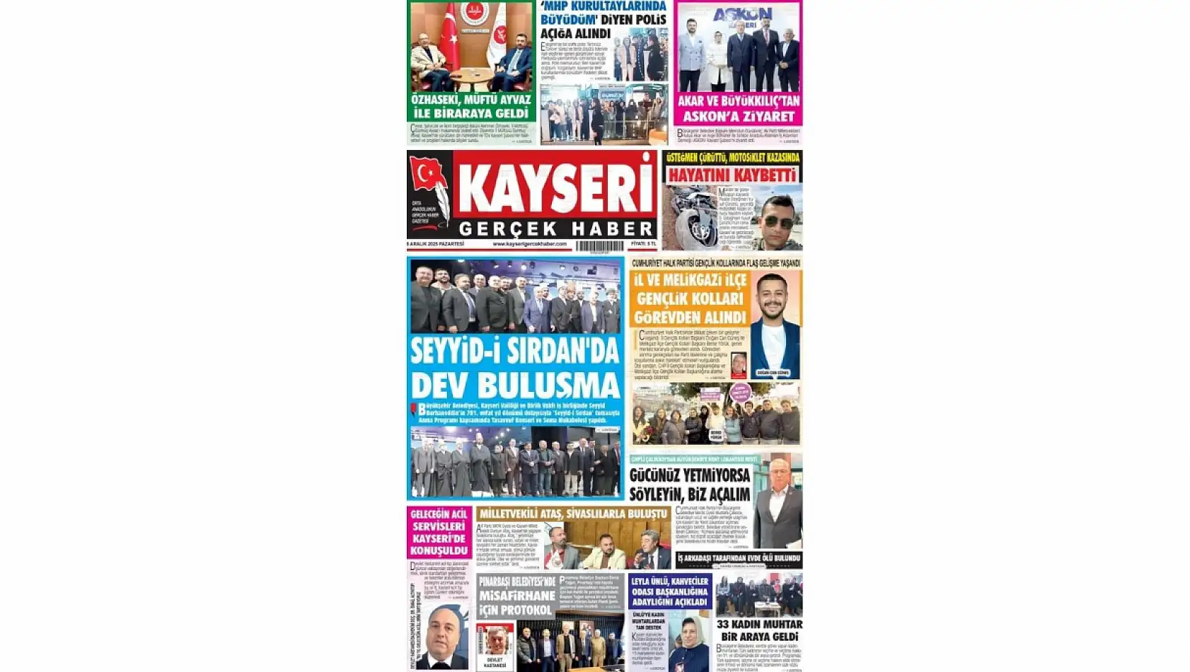 Kayseri gazetelerinde 8 Aralık Pazartesi günü manşet ne oldu?  İşte öne çıkan başlıklar!
